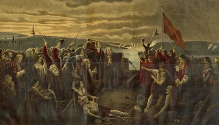 Scene showing the Reverend George Walker, (1618-1690), Governor of Derry, standing on the battlements of the city of Londonderry, Northern Irela